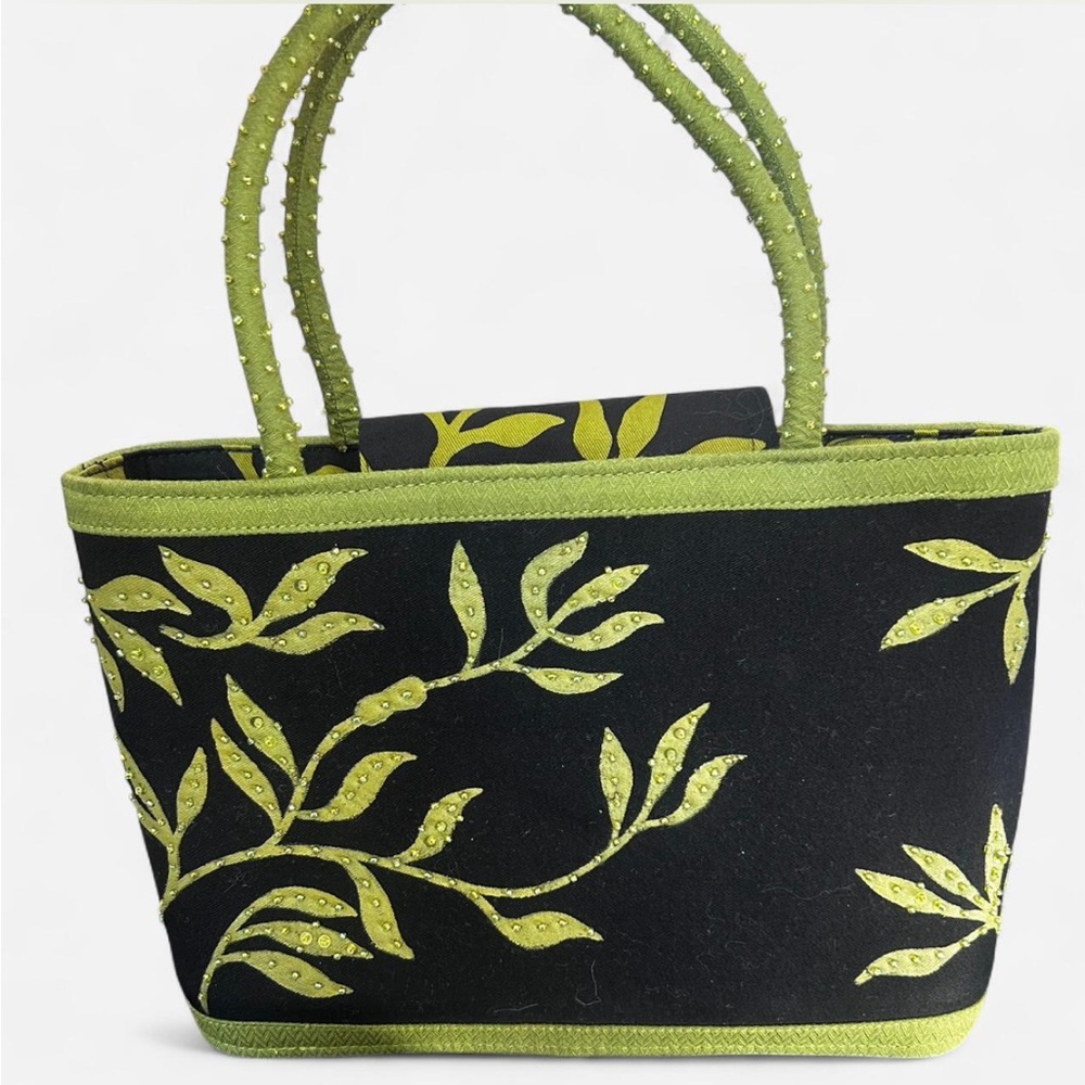 Black and green Patterned Cotton and beaded hand bag